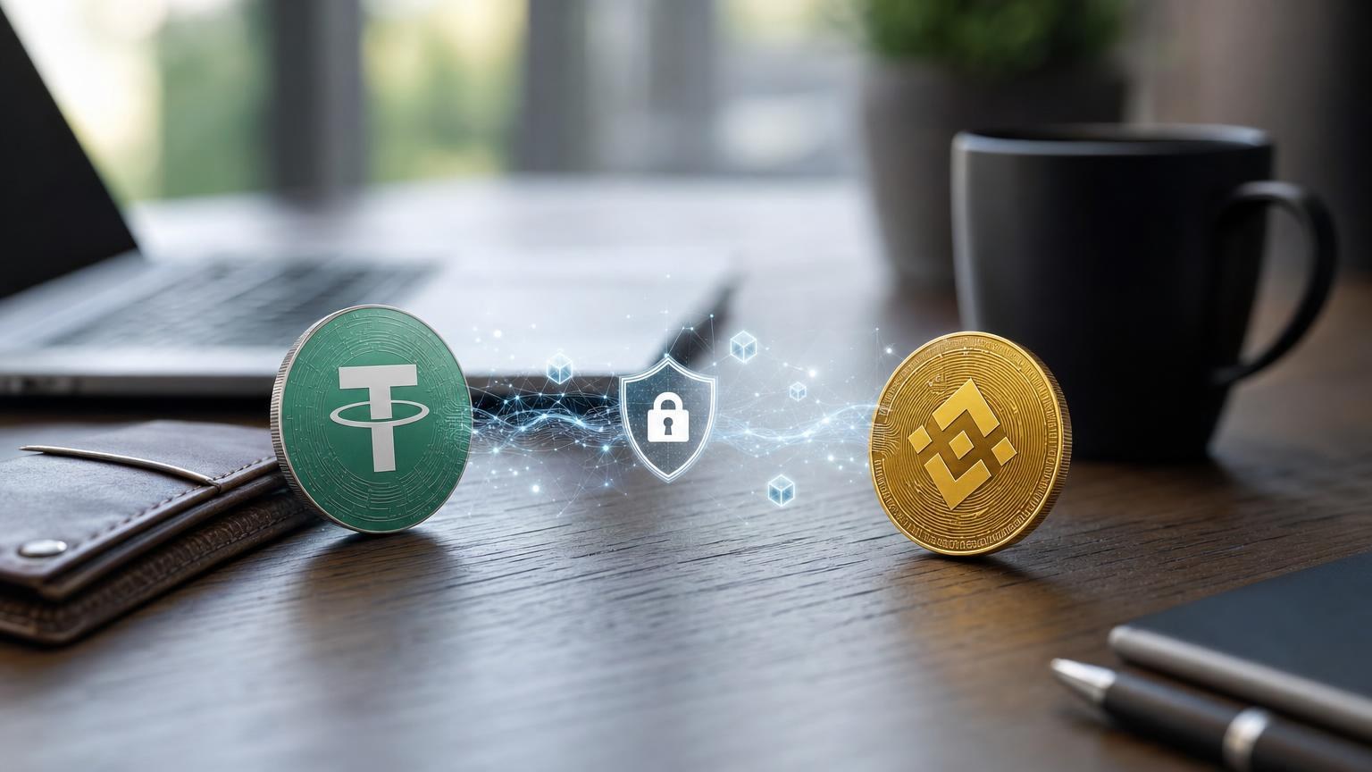 Minh họa hành trình đổi USDT sang BNB với các bước kiểm tra mạng, địa chỉ ví, số tiền và trạng thái giao dịch